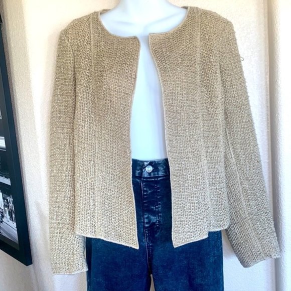WORTH oatmeal tan blazer, loose weave fabric, open front. Quiet luxury. 10 EUC